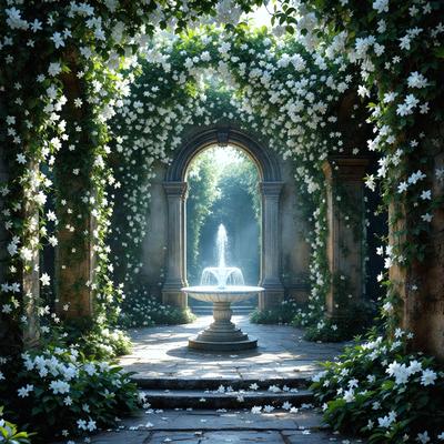 Primary subject: A fountain with a statue of a woman in the middle of a garden.

Setting/background: The fountain is surrounded by a garden with greenery and flowers. The statue is located in the middle of the garden, and the fountain is situated in the center of the scene.

Visual style: The image is a digital artwork, featuring a detailed and intricate design.

Colors and mood: The colors in the image are predominantly green, with the flowers adding
